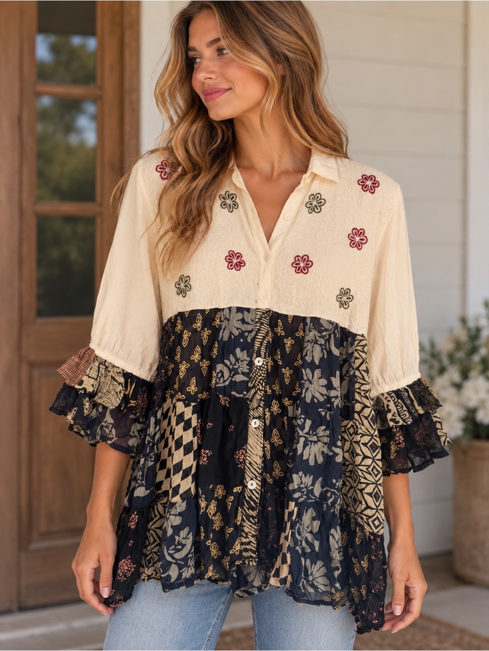 Young Threads Boho Patchwork Embroidered Ruffle Top – NWT